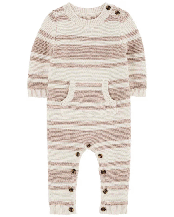 Macacão bebê de tricot com bolso listrado multicor