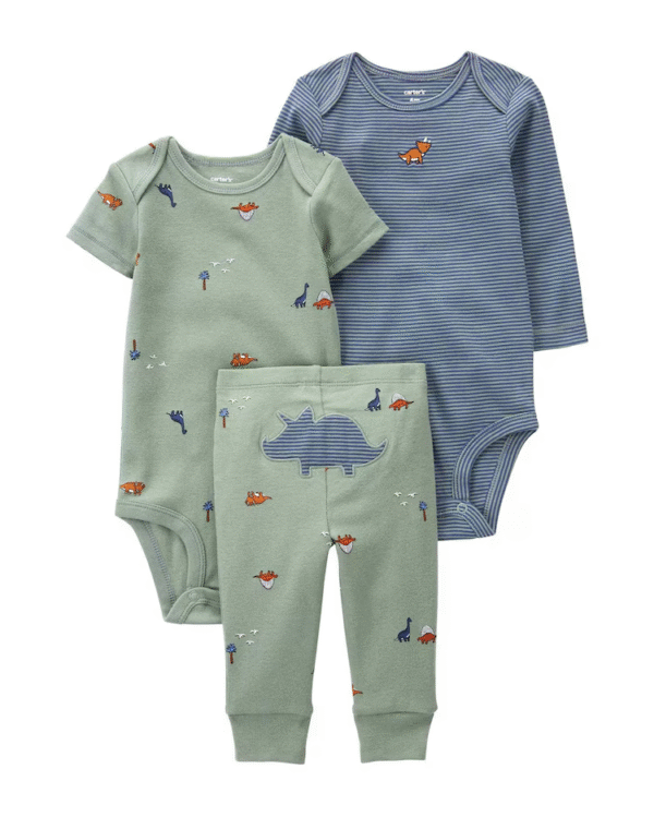 Conjunto longo bebê 3 peças mini dinos verde