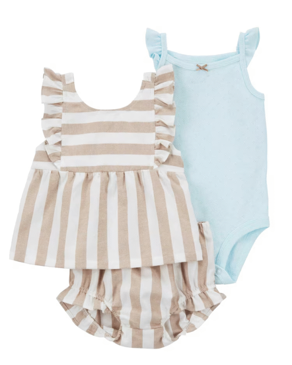 Conjunto curto bebê 3 peças babados listras multicor