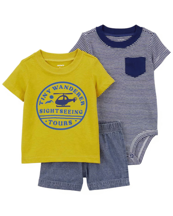 Conjunto curto bebê 3 peças listrado multicor