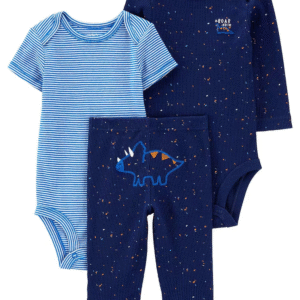 Conjunto longo bebê 3 peças dinossauro listrado azul