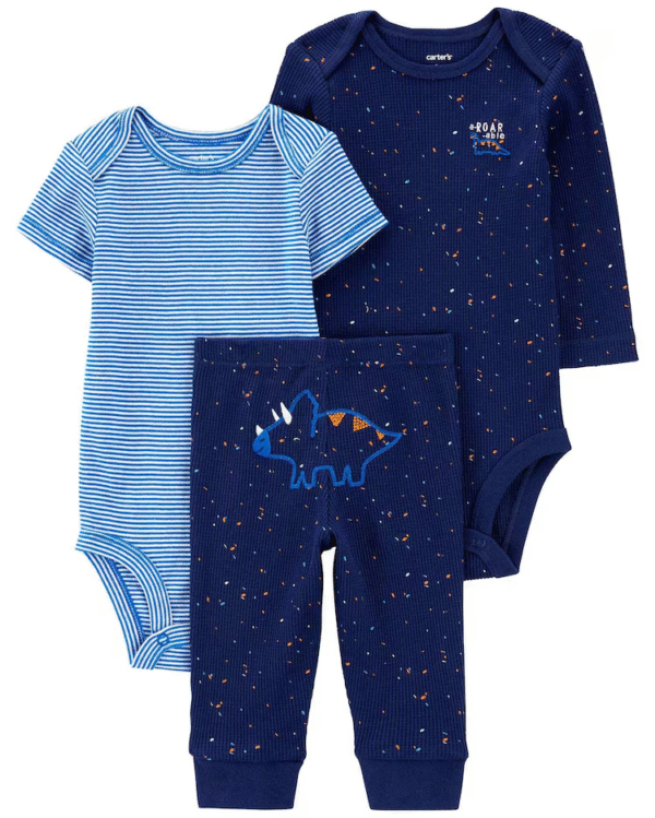 Conjunto longo bebê 3 peças dinossauro listrado azul
