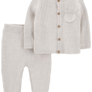 Conjunto longo bebê 2 peças de tricot com bolso cinza