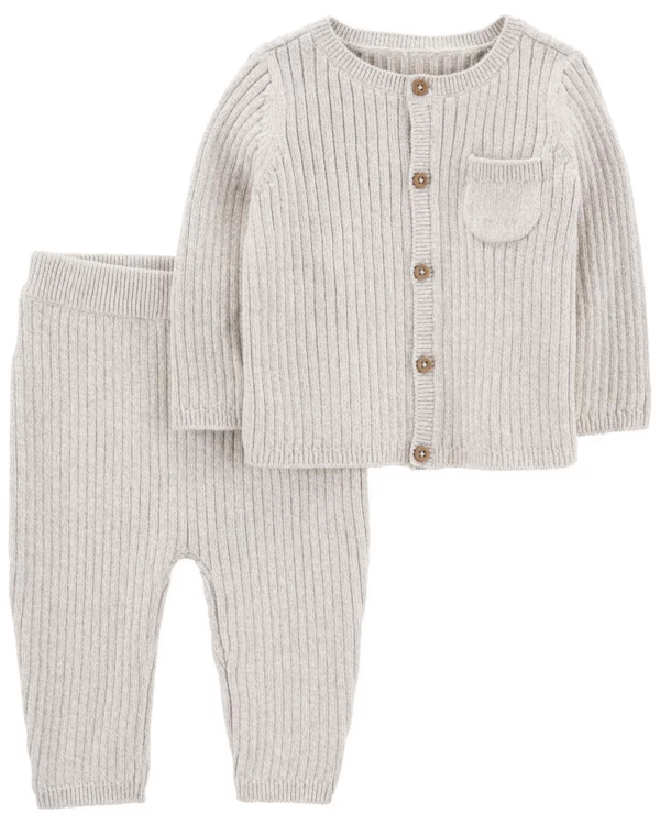 Conjunto longo bebê 2 peças de tricot com bolso cinza