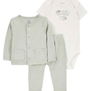 Conjunto longo bebê 3 peças casaquinho listrado verde