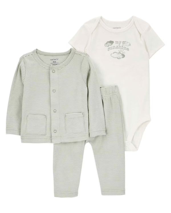 Conjunto longo bebê 3 peças casaquinho listrado verde