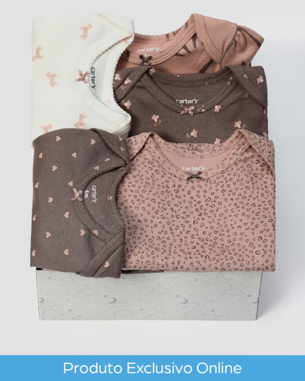 Enxoval bebê body 5 peças floral e animal print + caixa de presente P multicor