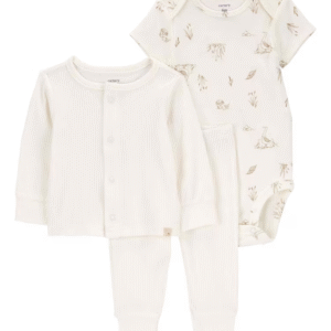 Conjunto longo bebê 3 peças canelado de bichinhos off-white