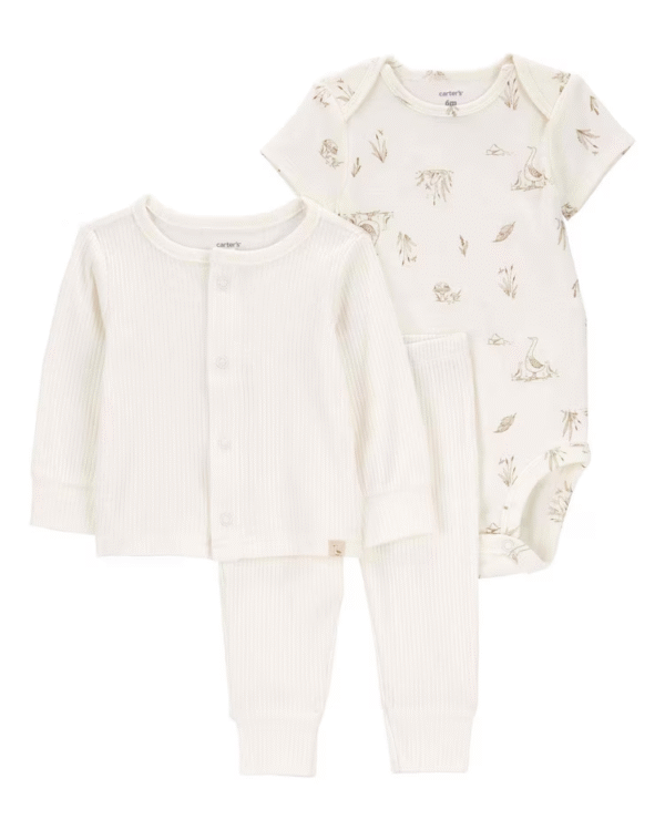 Conjunto longo bebê 3 peças canelado de bichinhos off-white